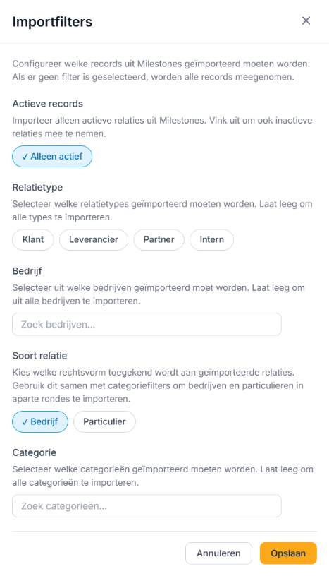 Het venster Importfilters met filters op actieve records, relatietype, bedrijf, soort relatie en categorie