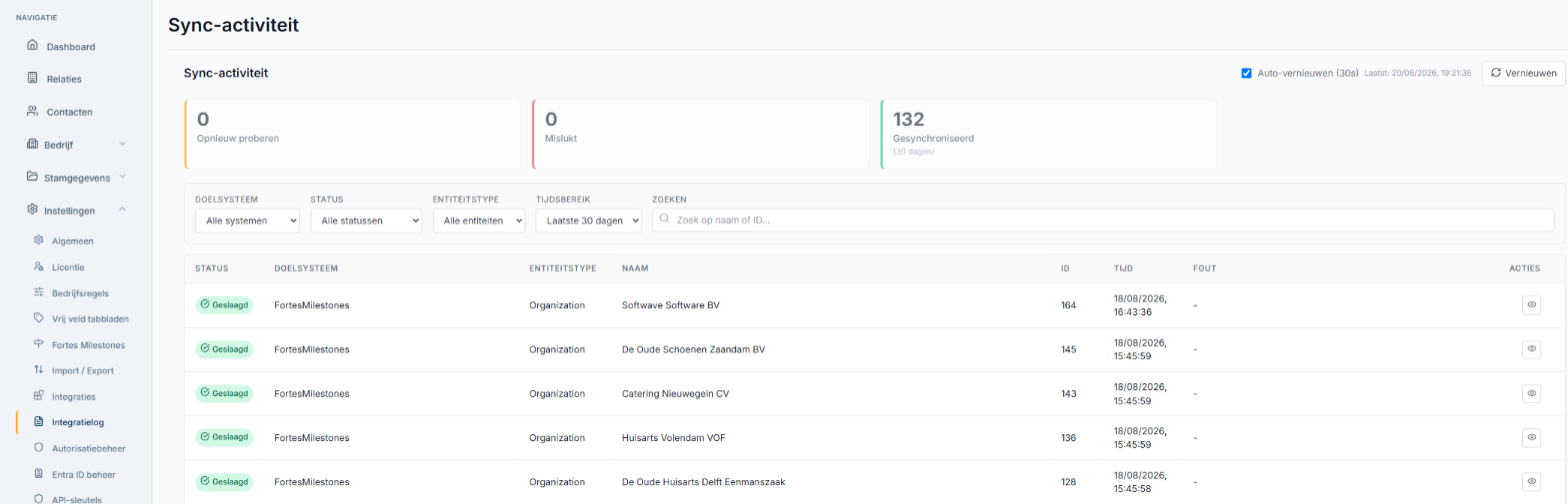 Het scherm Sync-activiteit onder Instellingen > Integratielog, met filters en de kolom Doelsysteem per regel